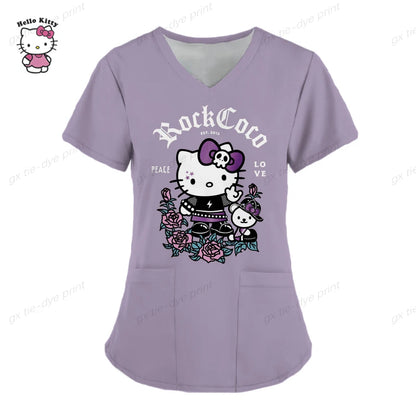 Hello Kitty Print surgical uniforms pharmacy hospital nurse scrubs tops breathable beauty salon dentistry pet doctor overalls