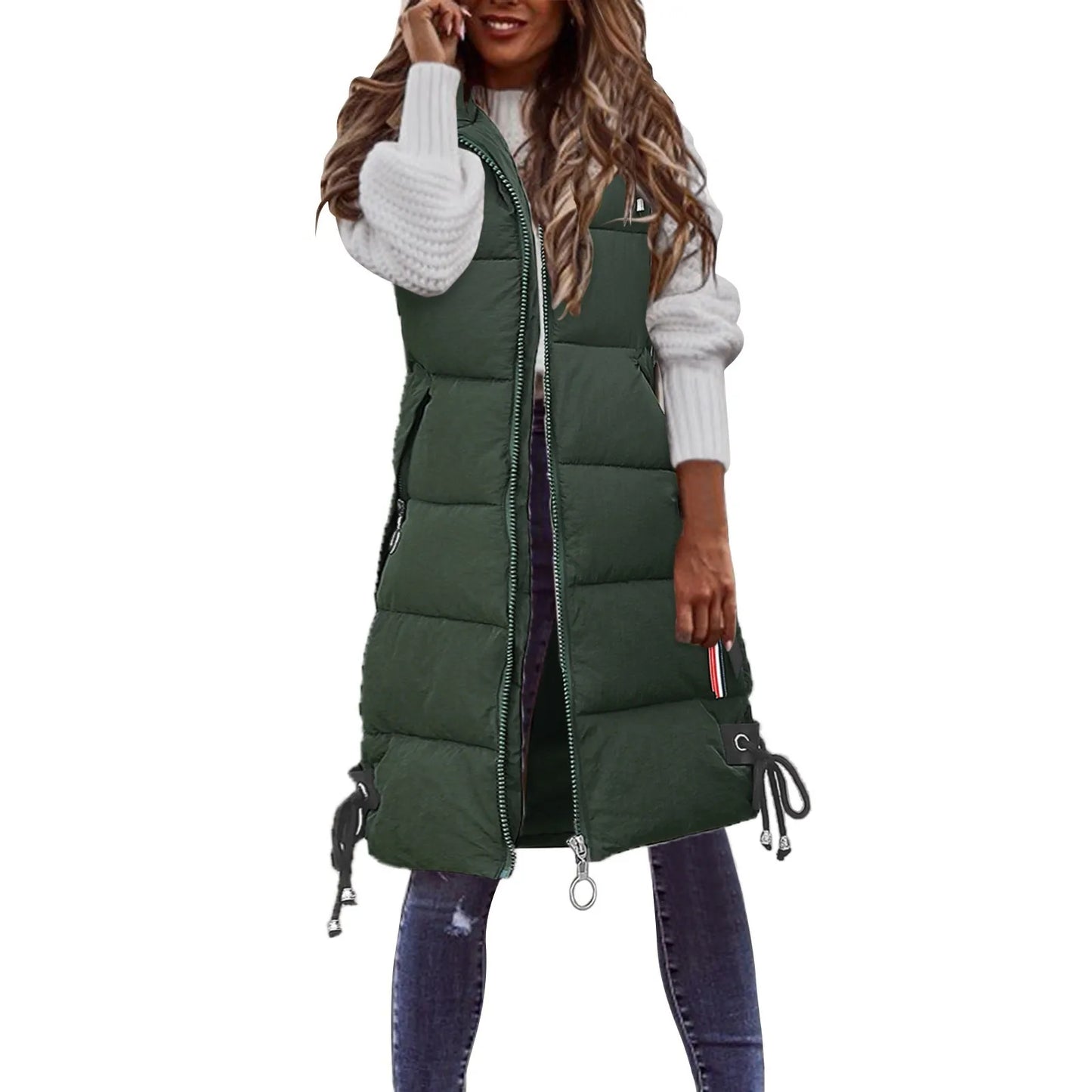 Women's New Green Sleeveless Warm Jacket Vest Fashion Thicken Puffy Hooded Puffer Jacket 2025 Spring Womens Coat Streetwear