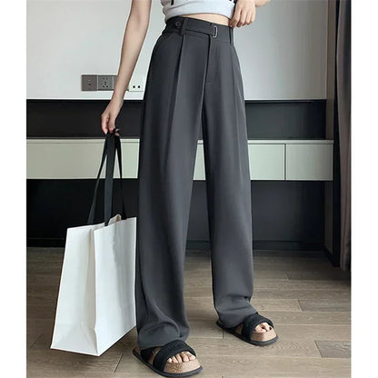 Office Ladies Casual Suit Wide Leg Pants Women Elegant 2025 Spring Summer Fashion Solid Color High Waist Loose Outwear Trousers