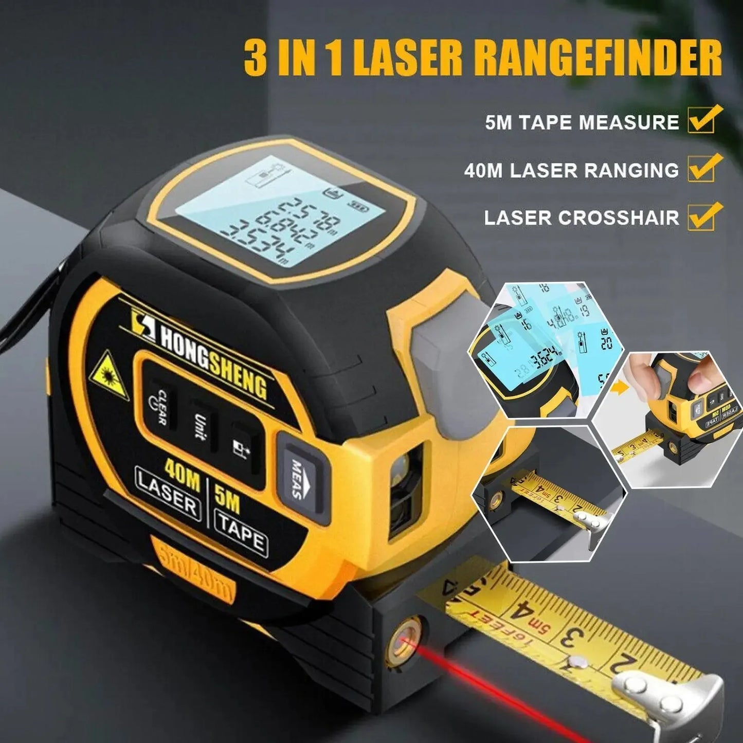 Laser Tape Measure Meter Building Measurement Device 3in1 Laser Rangefinder 5M Tape 60M Laser Measure with LCD Digital display