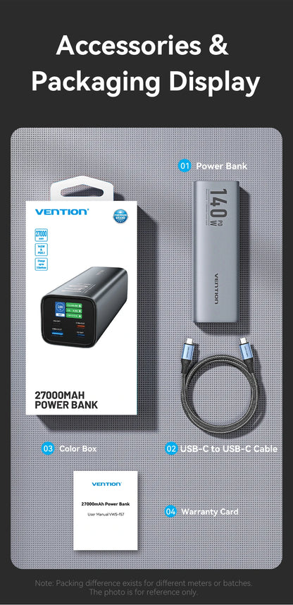 Vention Power Bank 140W 27000mAh Portable PD External Battery PowerBank 100W for Macbook Pro iPad iPhone Laptop Notebook Xiaomi