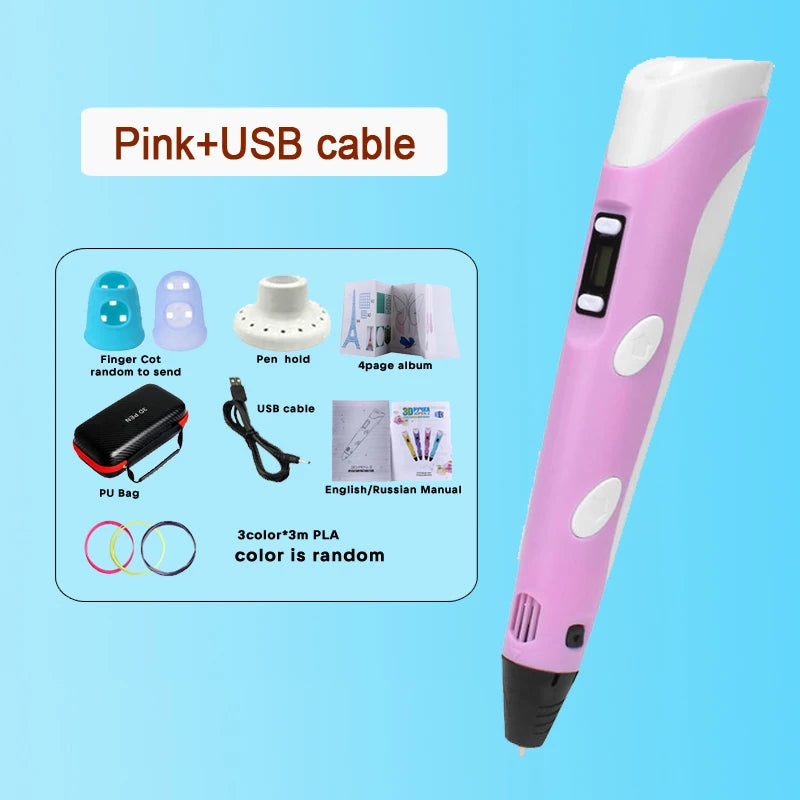 3D Printing Pen 9/50/100/200M PLA Filament LED Display With PU Case DIY Drawing Pens Stimulate Creativity Kids Toys 3D Pen