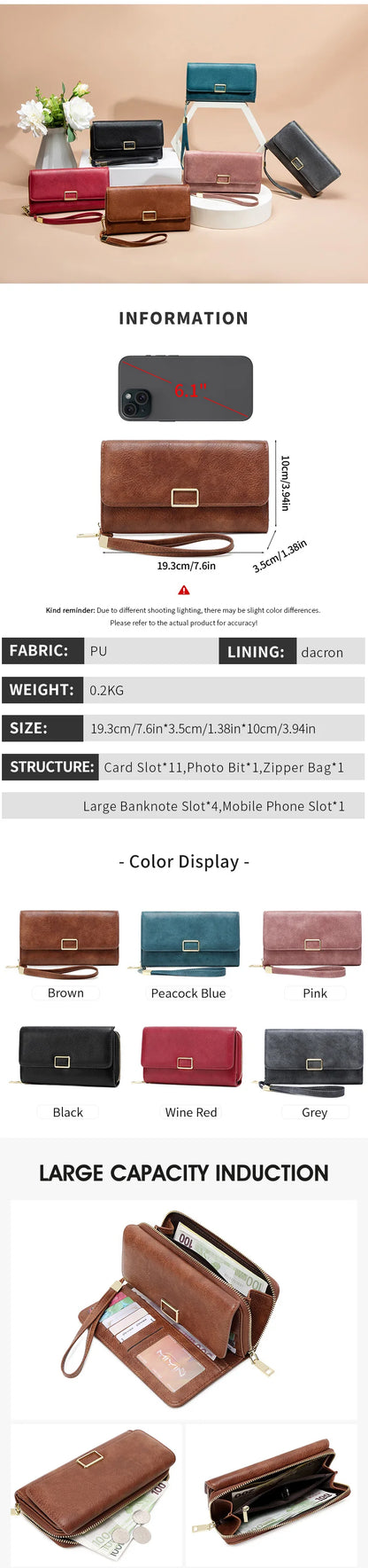 RFID Blocking Women's Wallet Large Capacity Credit Card Holder Clutch Bag Trifold Large Capacity Zipper Long Wallet Coin Purse