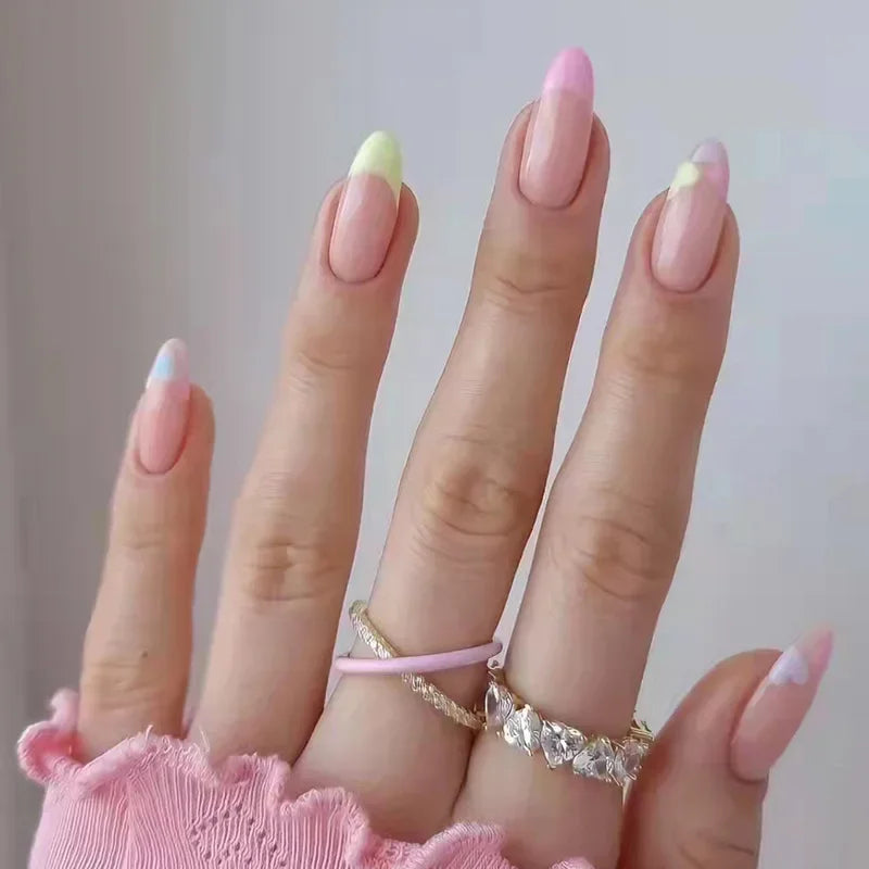 24pcs French Rainbow Fake Nails Simple Almond False Nails Art Waterproof Removable Artificial Press on Nail with Accessories