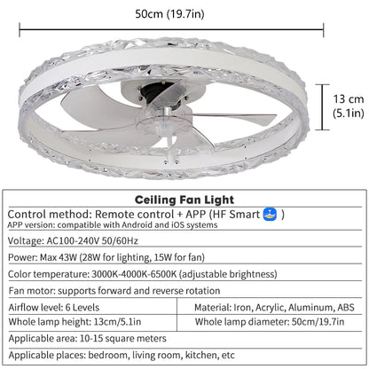 Smart Ceiling Fans With Light Slim Build Dimmable 6-speed Adjustment 50cm Electric Fan Silent Deco For Bedroom Study Dining Room