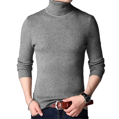 Streetwear Autumn Men's Long Sleeved Turtleneck Sweater Stripes Knitted Oversized Sweaters Homme Solid Color Basic Sweater Men