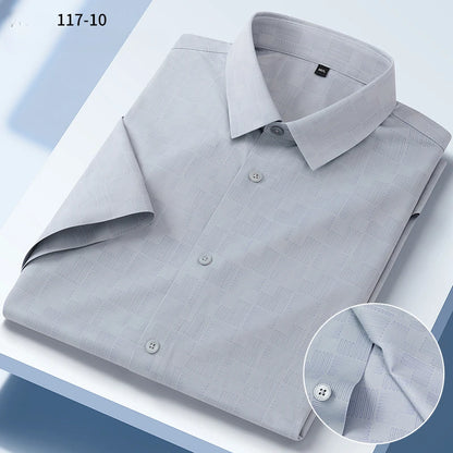 New in shirt summer short sleeve shirts for men slim fit formal plain shirt soft office striped top wrinkle free elastic clothes