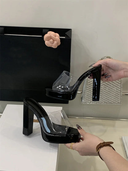 Liyke Summer Square Toe 12CM Thick High Heels Platform Slippers Ladies Chunky Sandals PVC Transparent Shoes Women Zapatos Mujer