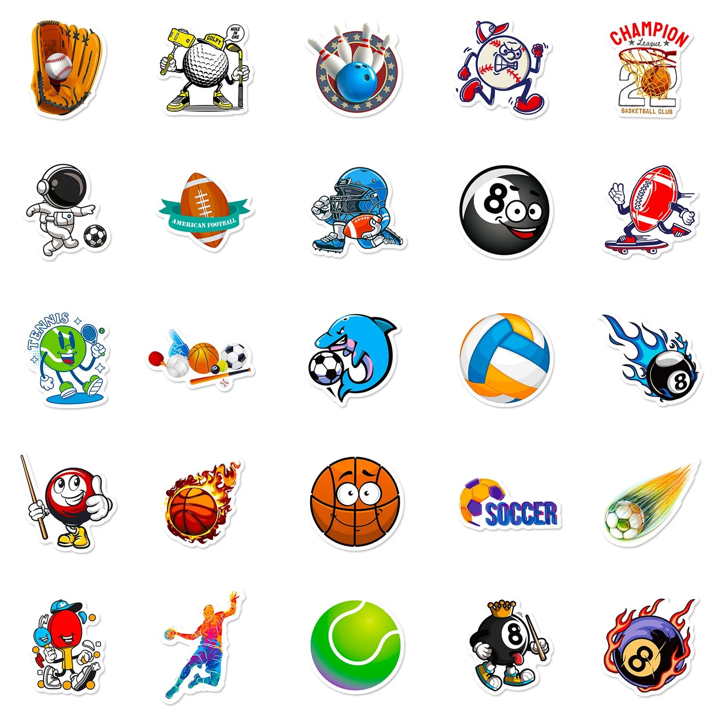 50 PCS Sports Stickers, Soccer Football Volleyball Golf Basketball Stickers, Sports Ball Stickers for phone