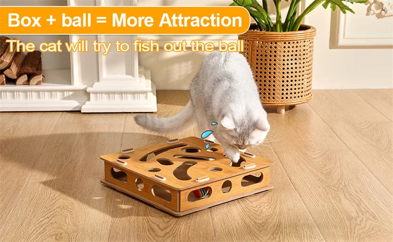 Interactive Cat Toy Puzzle Box Wooden Treat Maze Play For Toy Box Fun Interactive Cat Toy Hide and Seek Cat Agility Toys
