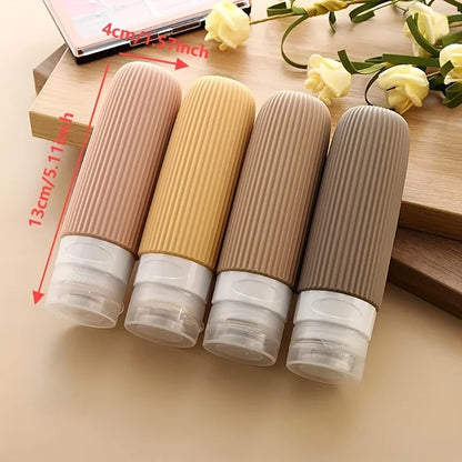 Travel essential bottle set, portable leak-proof silicone squeeze storage bag, containing transparent shampoo, conditioner, body