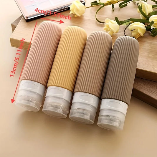 Travel essential bottle set, portable leak-proof silicone squeeze storage bag, containing transparent shampoo, conditioner, body