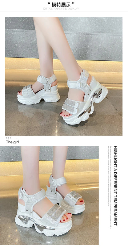 Summer High Platform Women Sandals Buckle 10CM Wedges Bling Shoes Fashion 2023 Outside Chunky Sandals Beach Casual Slides Woman