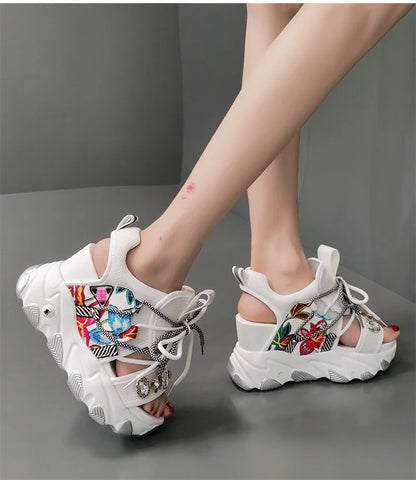 Comemore Leisure Lady Platform Chunky Sandals Mixed Color Shoes Sports Wedge White Sandals Women High Heel Beach Casual Shoes 39