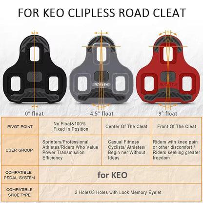 BUCKLOS for LOOK Keo Cleats Float Road Cycling Shoes Pedal Cleats for Look Keo Bike Self Locking Pedal Plate 4.5/9 Degree 1/2pc