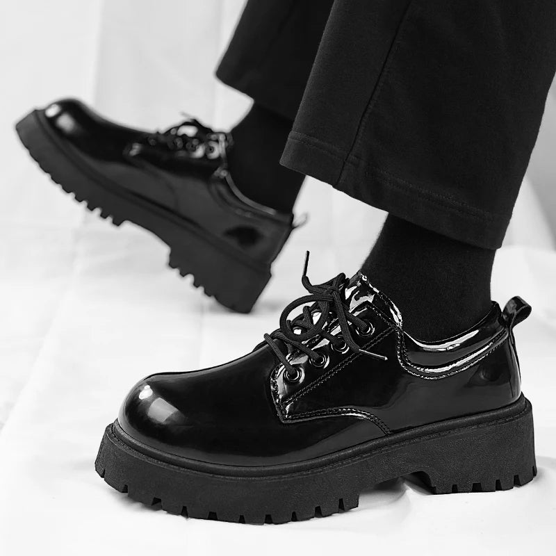 STRONGSHEN Men Patent  Leather Shoes Round Toe Casual Platform Business Shoes Fashion Wedding Banquet Party Formal Dress Shoes