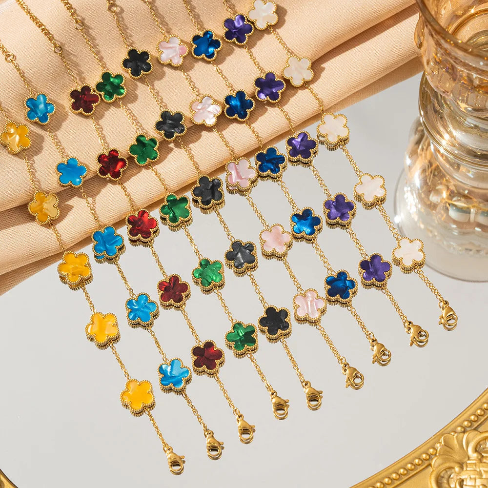 Double Sided Five-Leaf Flower Bracelet For Women Adjustable 18k Plated Gold Stainless Steel Five Point Star Clover Party Jewelry