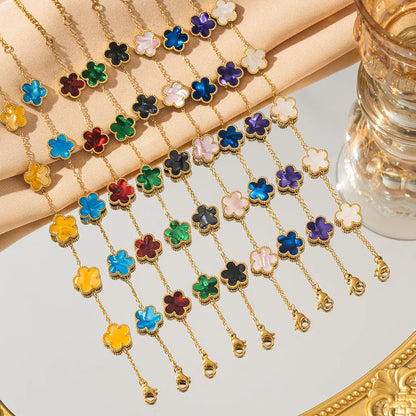 Double Sided Five-Leaf Flower Bracelet For Women Adjustable 18k Plated Gold Stainless Steel Five Point Star Clover Party Jewelry