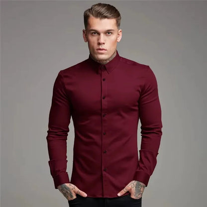 Men's Shirt Fashion Full Sleeve Shirt Men's Muscle Casual Slim-fit Business Dress Solid Color Shirt Men's Gym Fitness Men Shirt