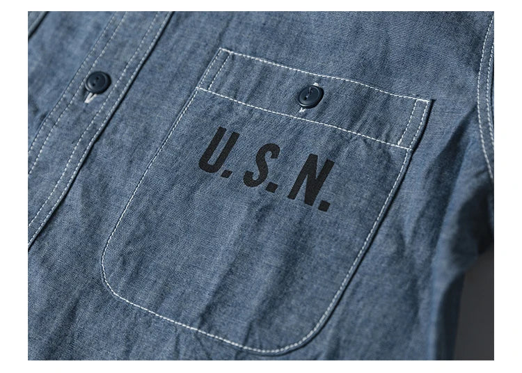 Bronson Repro USN Chambray Work Shirt Rugged Men's Selvedge Workwear Light Blue
