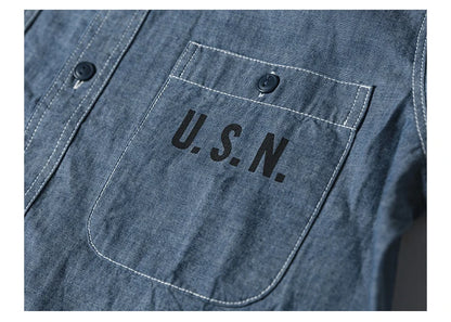 Bronson Repro USN Chambray Work Shirt Rugged Men's Selvedge Workwear Light Blue