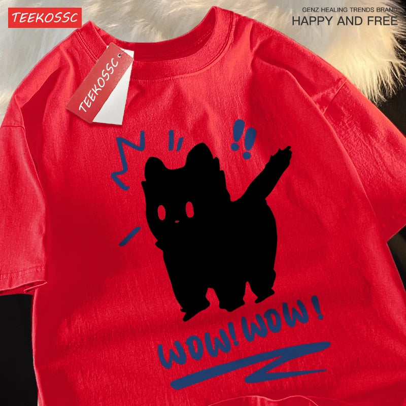Siblings T Shirts Wow Wow Fun Black Cat Tops Casual Hip Hop Short Sleeve Sport Casual Clothing Cotton Breathable Siblings Tops