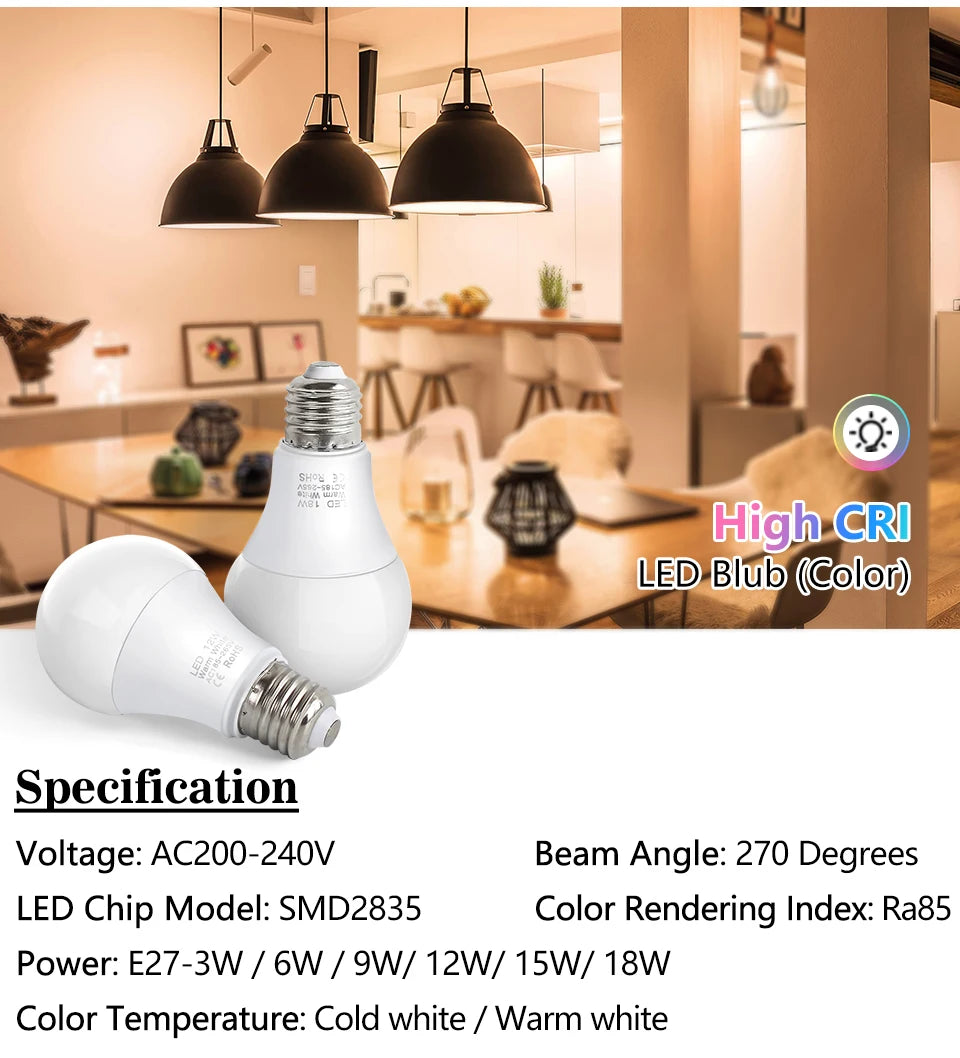 3W 6W 9W 12W 15W 18W LED Bulb Lamps E27 Lampada LED Light Bulb AC 220V-240V Smart IC High Brightness Bombilla Lamp Spotlight