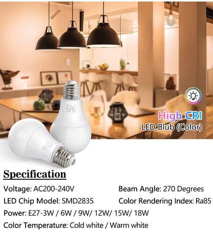 3W 6W 9W 12W 15W 18W LED Bulb Lamps E27 Lampada LED Light Bulb AC 220V-240V Smart IC High Brightness Bombilla Lamp Spotlight