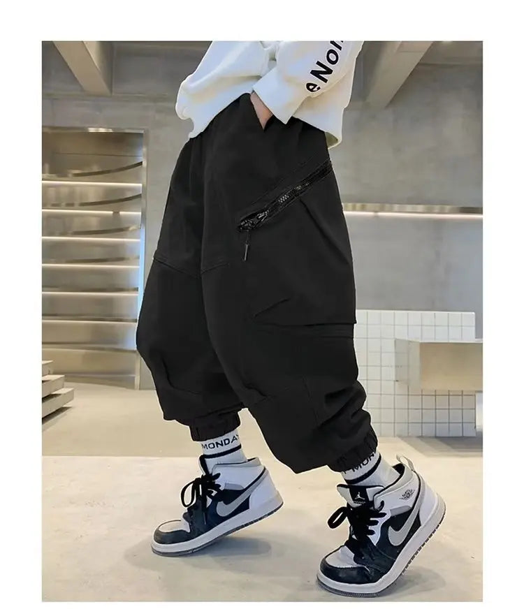 Boys Spring Autumn Children's Clothing Cargo Pants Children's Casual Large Size Sweatpants Boys Fashion Fake Zippers Cargo Pants