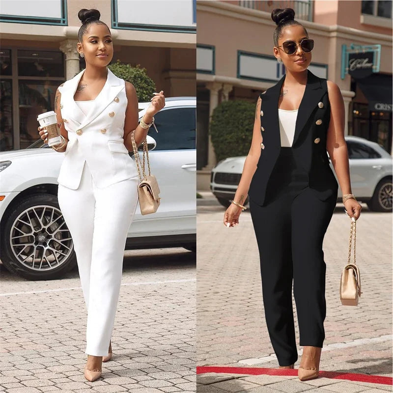 Business OL Work Wear Two Piece Pant Suits for Women Set Elegant Sleeveless Blazer Top + Pencil Pants Office Lady Matching Sets