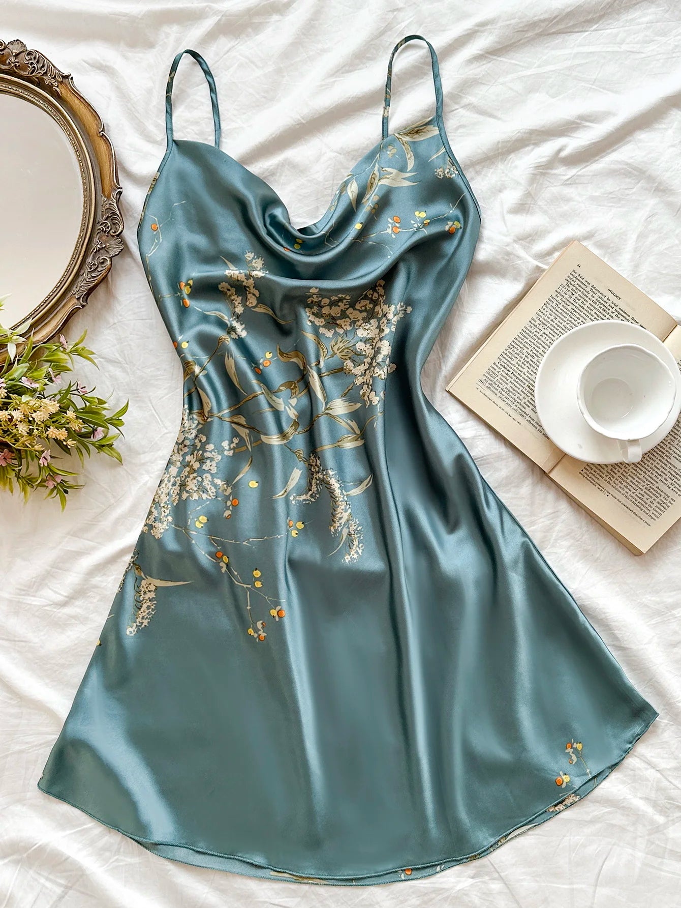 Hot style Women's Cherry Print Nightdress Casual sexy ladies silk pajamas slip dress for All Seasons