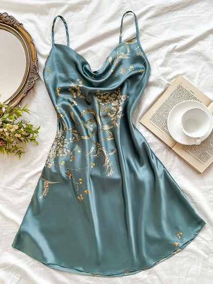 Hot style Women's Cherry Print Nightdress Casual sexy ladies silk pajamas slip dress for All Seasons