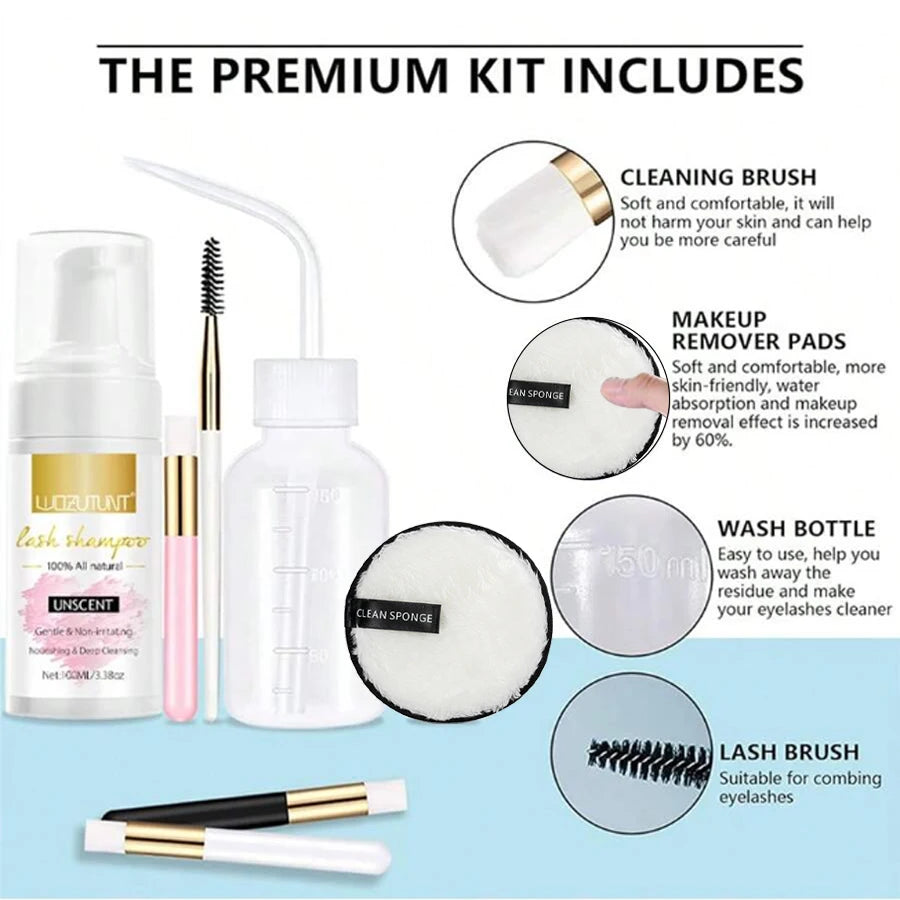 Lash Extension Shampoo 100ml Women Foam Mousse Eyelash Rinse Bottle Lashes Shampoo and Makeup Remover Pads with Brush 7pcs/Set