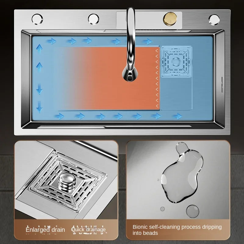 Nano 304 Stainless Steel Sink Waterfall Large Single Slot Kitchen Sink Vegetable Sink Stainless Steel Sink Household Sink