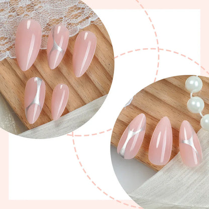 24PCS Press on Nails Bare Pink Metal Line Wearing Armor Medium Long Almond Shaped Women's Wearable Fake Nail Plate