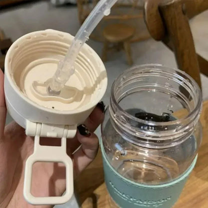 500Ml Portable Plastic Water Bottles with Straw Anti-scalding Leather Case Non-leaking Cute Bottle Outdoor Drinkware