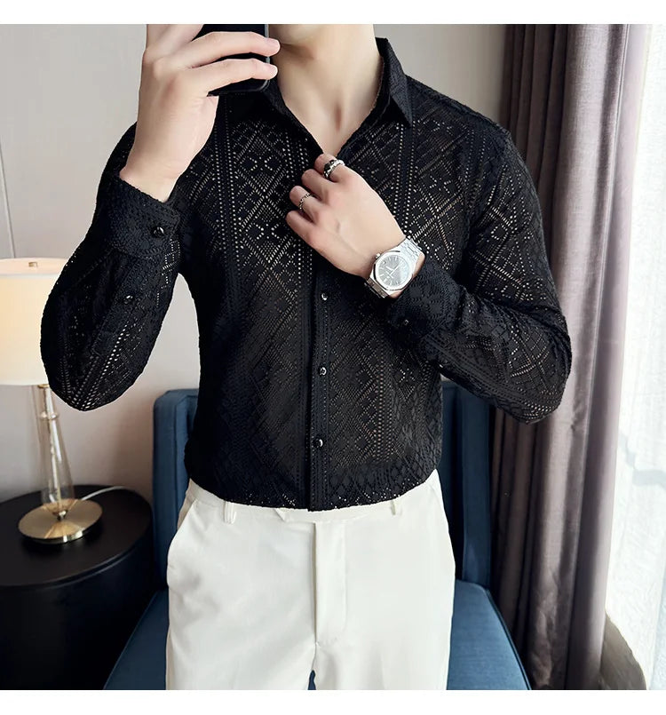 Quality Hollow Shirts For Men Korean Luxury Clothing Fashion Sexy Lace Men's Social Shirt Dress Slim Fit Long Sleeve Prom Tuxedo