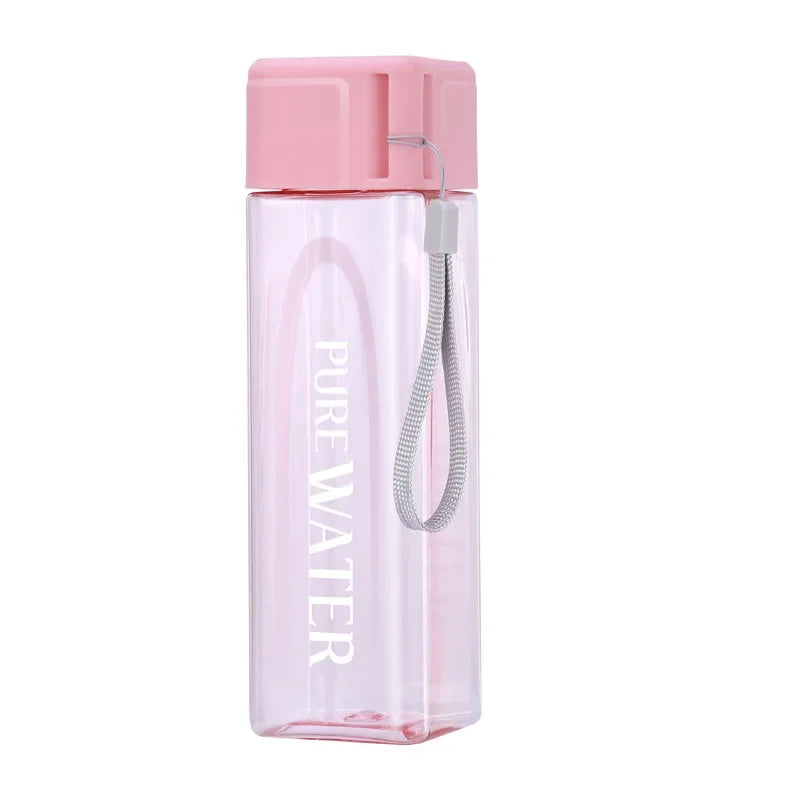 Portable Plastic Water Cup Square Bottle with Hand Strap Milk Cup Creative Frosted Portable Cup Student Sports Water Bottle