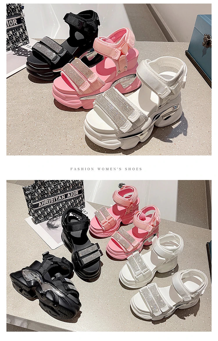 Summer High Platform Women Sandals Buckle 10CM Wedges Bling Shoes Fashion 2023 Outside Chunky Sandals Beach Casual Slides Woman