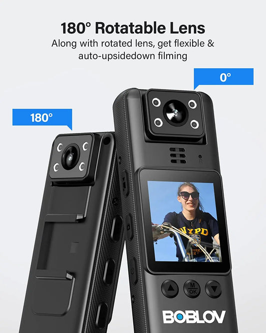 BOBLOV A23 Body Worn Camera 180° Rotatable Video Camera 9Hours Recording Night Vision 1080P Body Mounted Video Cameras