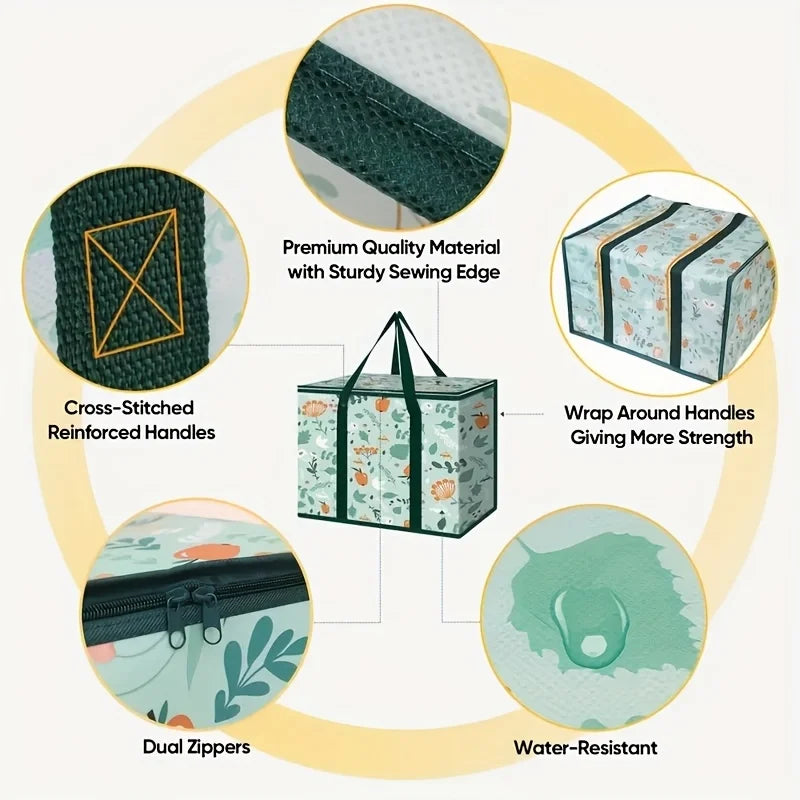 Large Reusable Grocery Bag - Keeps Food Hot/Cold for Hours, Durable Zipper Top, Spacious Interior with Storage Pockets