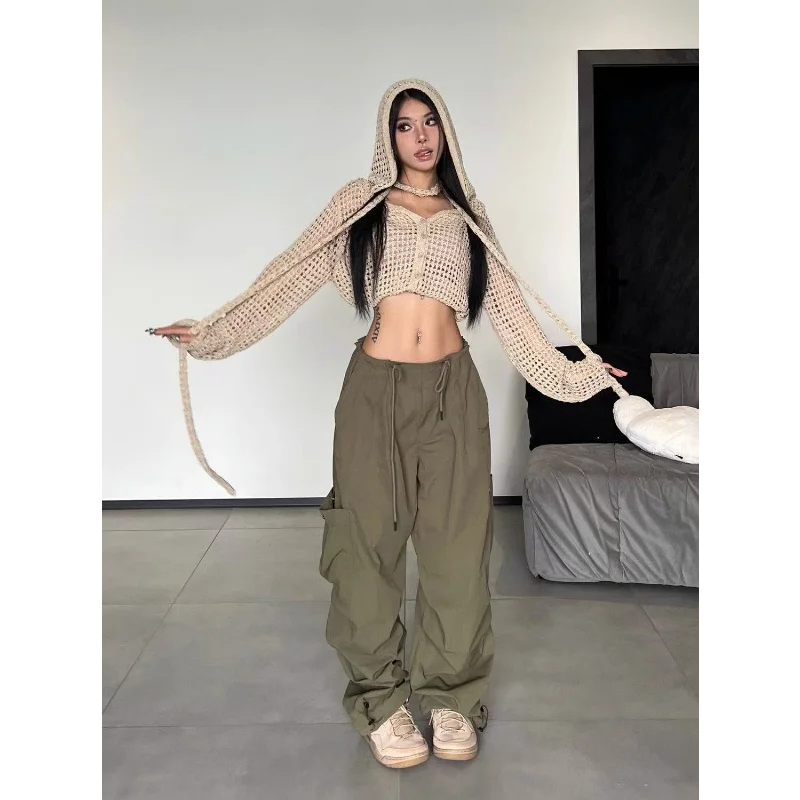 American Vintage Loose Cargo Pants Women Casual Street Personality Women's Cargo Pants Drawstring Design New Spring Trousers