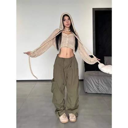 American Vintage Loose Cargo Pants Women Casual Street Personality Women's Cargo Pants Drawstring Design New Spring Trousers
