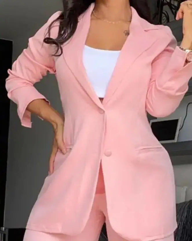 Women's Urban Suits 2025 Spring/Summer Latest Elegant Notched Collar Blazer Long sleeved Coat&Pocket Design Button Pants Set