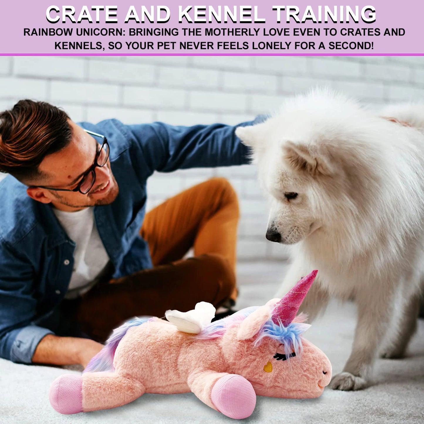 PETFULED Unicorn Heartbeat Dog Toys Plush Toys Comfort Puppy Toys Stress Reducing Sleep Aid Crate Toys, Durable Chew Toys for Do