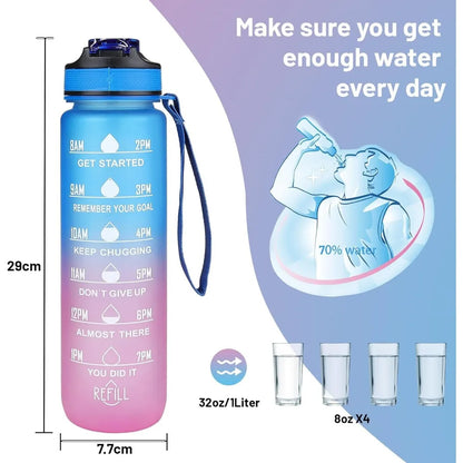 1L Water Bottle With Straw 32oz Water Bottle With Time Marker Motivational Tritan, Bpa Free Leak Proof Water Cup with Brush