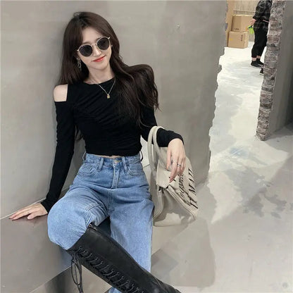 Women's T Shirts Off Shoulder Tees Sexy Plain Slim Black 2024 Tshirts 2000s Trend Female Tops Cool Wholesale Clothes Alt New In