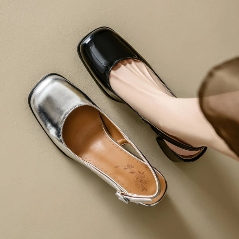 Fashion Slingback Sandals Shoes Women Block Heels Close Toe Party Office Shoes Ladies Elegant Short Heeled Silver Mules Shoes