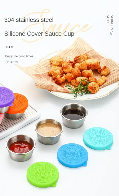6 Pcs Set Leakproof Stainless Steel Dipping Sauce Cups Food Containers Reusable Salad Dressing Container Silicone Stretch Lids