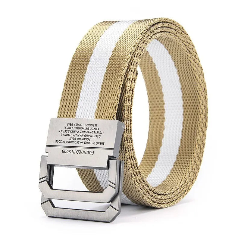 Men's Belt Trend Double Loop Buckle Canvas Belt Women's Belt with Cargo Pants Jeans Belt Outdoor Sports Belt No Perforated Belt